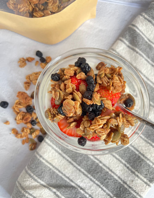 Browned Butter Sourdough Discard Granola (with dried blueberries)